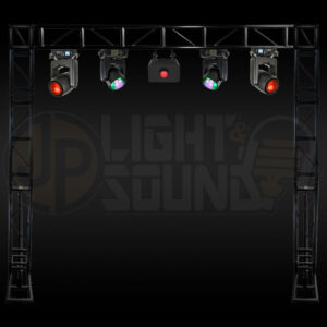 Premium event lighting package with Elation Dartz beam lights, RGBW wash movers, Abyss LED wash, and black truss system.