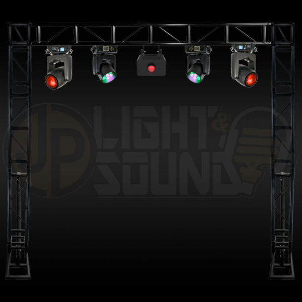 Premium event lighting package with Elation Dartz beam lights, RGBW wash movers, Abyss LED wash, and black truss system.