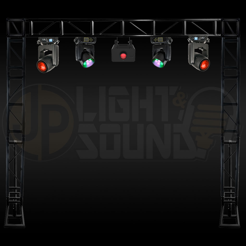 Premium event lighting package with Elation Dartz beam lights, RGBW wash movers, Abyss LED wash, and black truss system.