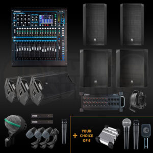 Complete Band Audio Package 3 with QU-16 digital mixer, stage box, full-range speakers, subwoofers, and drum mic kit – available for hire in Adelaide from JP Light & Sound.