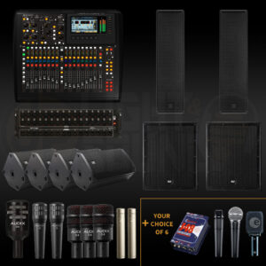 Complete Band Audio Package 4 with Behringer X32 mixer, S32 stage box, RCF Pro PA system, EKX monitors, and Audix drum mic kit – available for hire in Adelaide from JP Light & Sound.