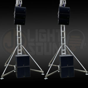 L-Acoustics ARCS speakers flown on 5m truss towers with SB18 subwoofers at an outdoor event