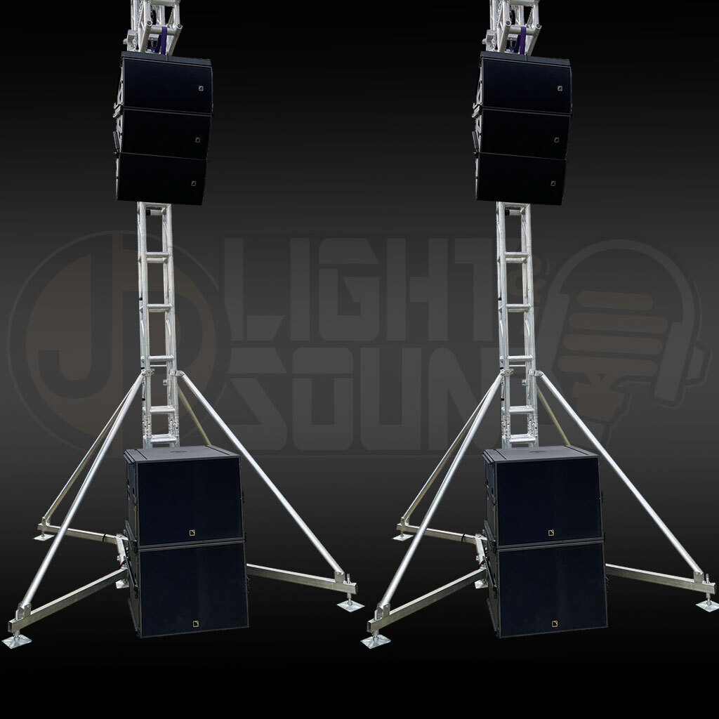 L-Acoustics ARCS speakers flown on 5m truss towers with SB18 subwoofers at an outdoor event
