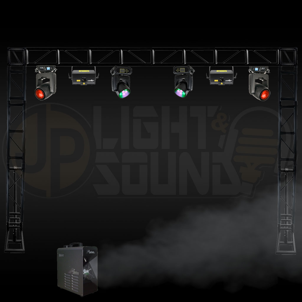 Premium Laser Event Moving Head Light Package with Elation Dartz beams, M7x15 moving head washes, Laserworld projectors, truss, and faze machine – available in Adelaide from JP Light & Sound.