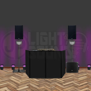 Black DJ facade with QSC speakers, sub, and lighting setup for wedding dry hire.