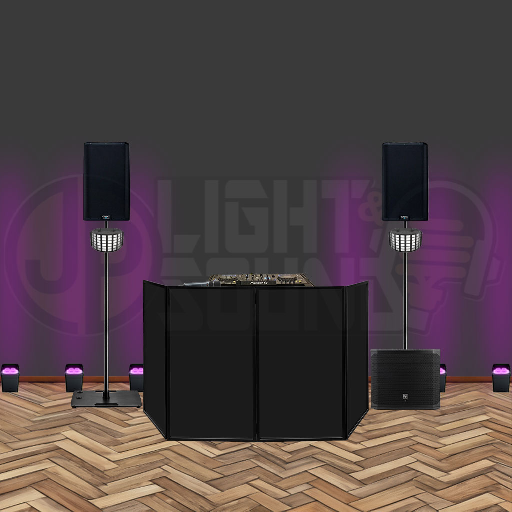 Black DJ facade with QSC speakers, sub, and lighting setup for wedding dry hire.