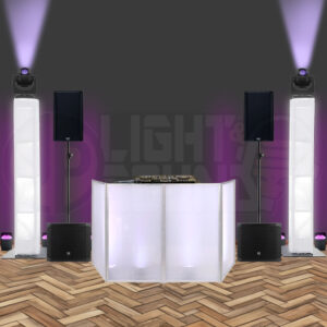 Wedding DJ equipment hire package with white DJ table, moving heads, speakers, and uplights – equipment-only