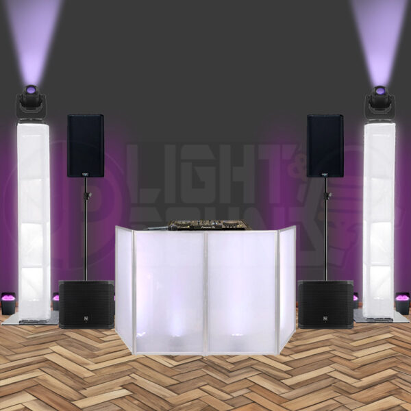 Wedding DJ equipment hire package with white DJ table, moving heads, speakers, and uplights – equipment-only