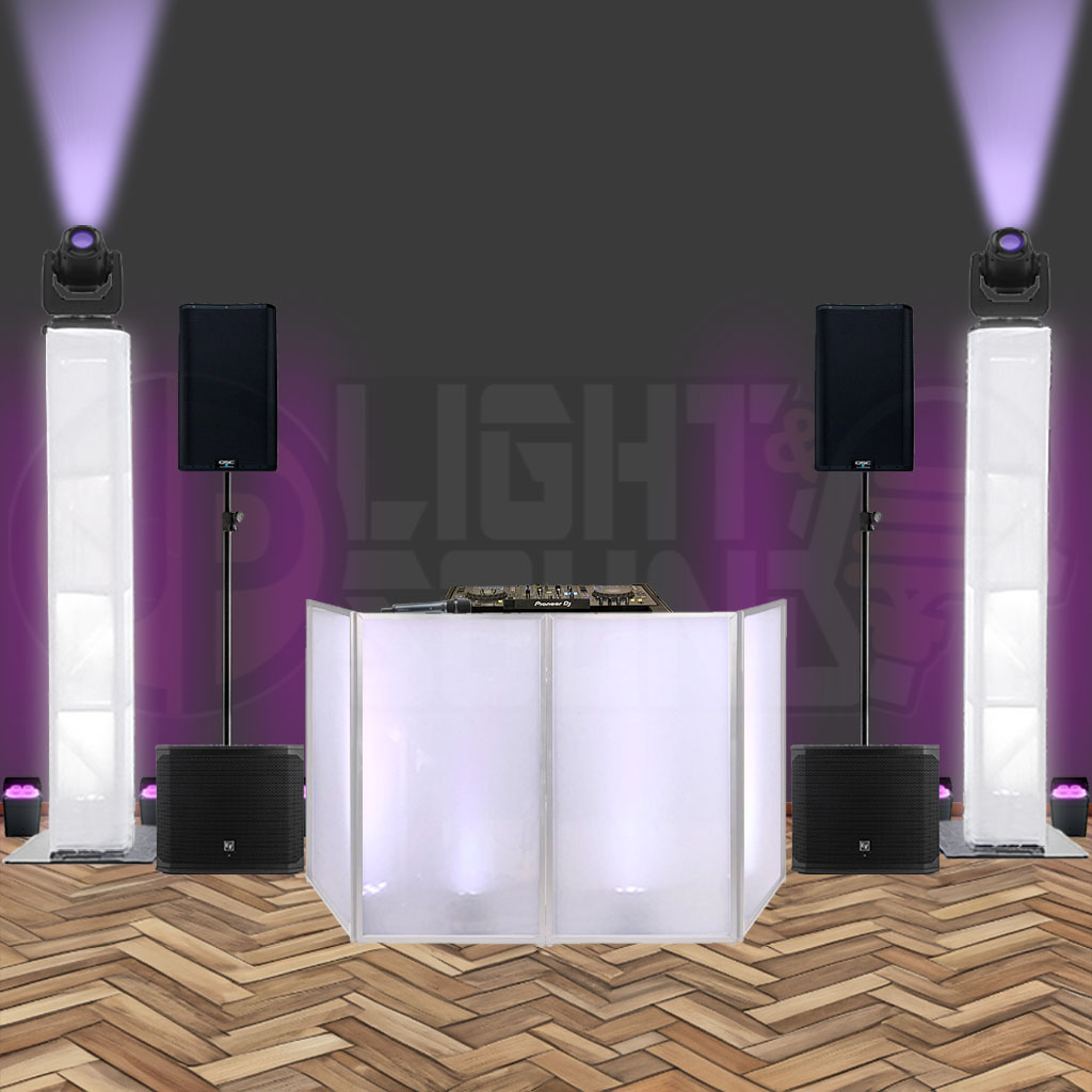 Wedding DJ equipment hire package with white DJ table, moving heads, speakers, and uplights – equipment-only