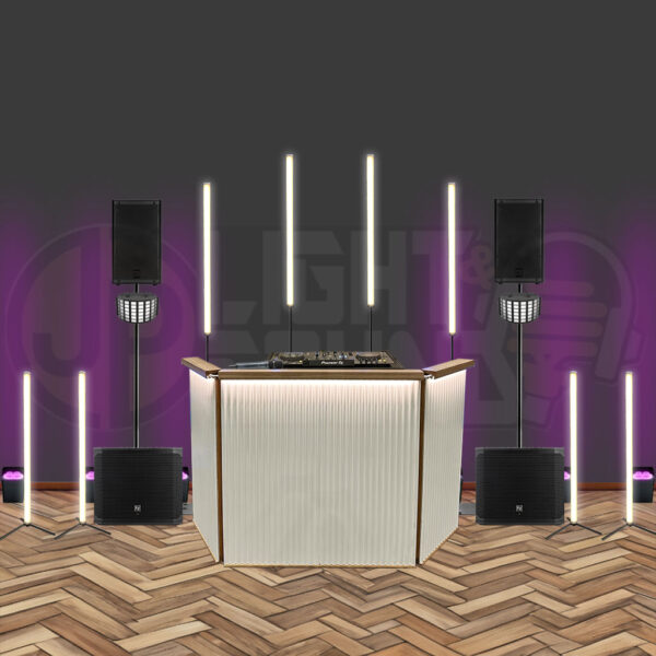 Equipment-only wedding DJ hire pack with timber facade and full lighting and sound setup – for customer pickup and setup