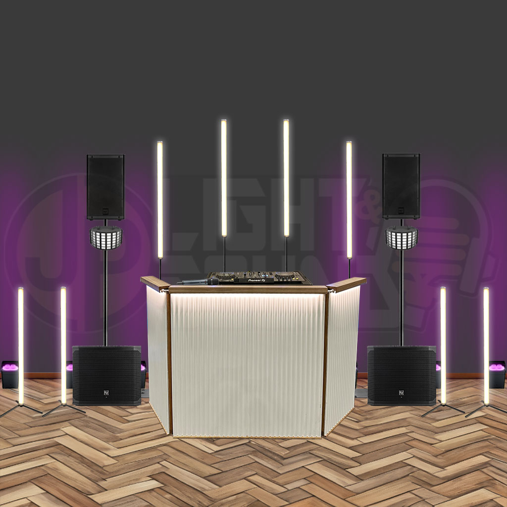 Equipment-only wedding DJ hire pack with timber facade and full lighting and sound setup – for customer pickup and setup
