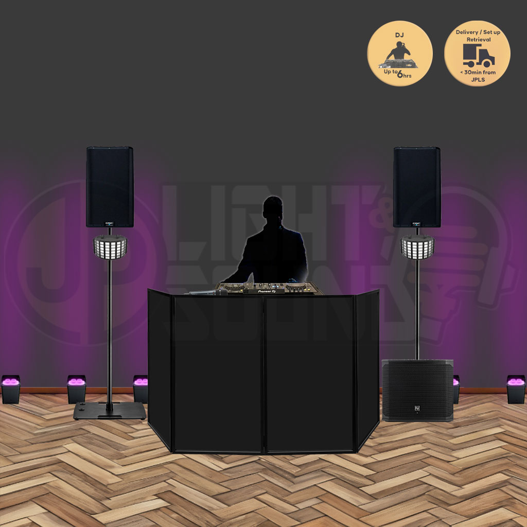 Black skirt DJ table with QSC speakers, sub, and battery uplights.