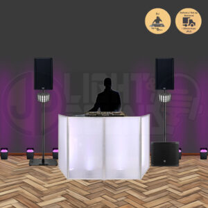 Wedding DJ setup with white illuminated facade, lighting and audio system.