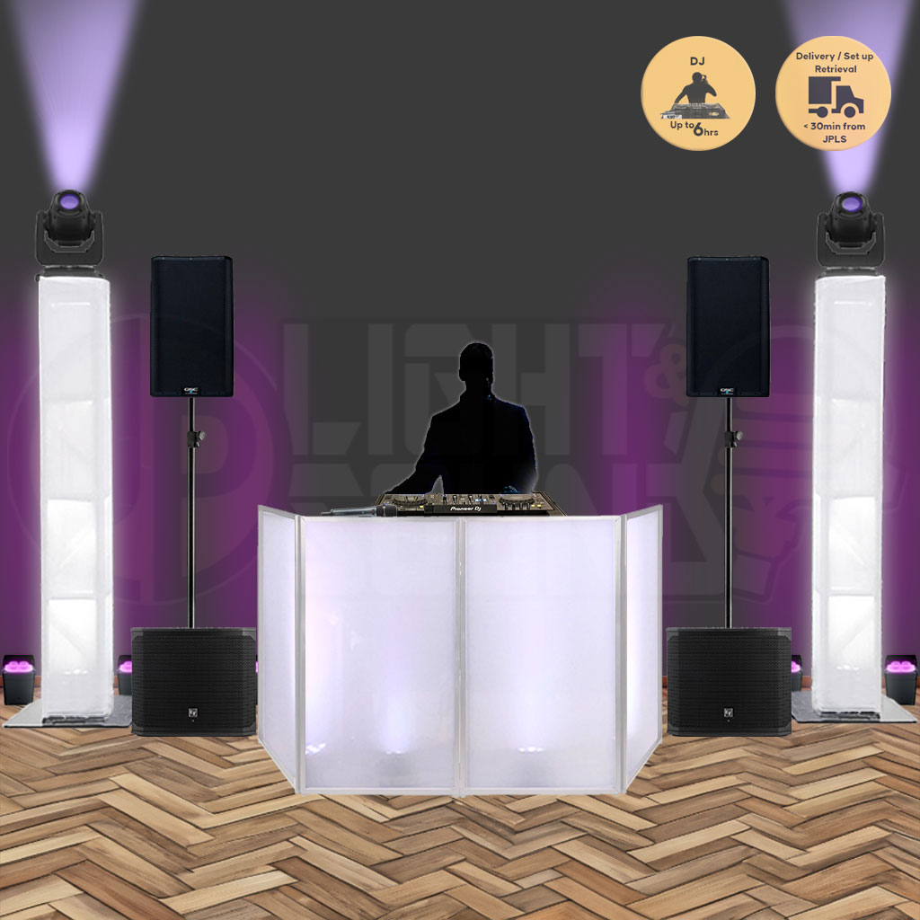 Wedding DJ setup with white skirt table, white truss socks, lighting and audio system.