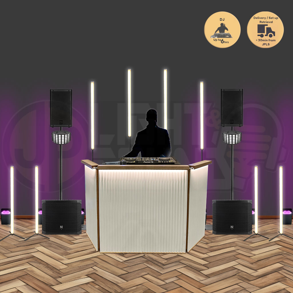Wooden DJ facade with pixel tubes, lighting and audio system for weddings.