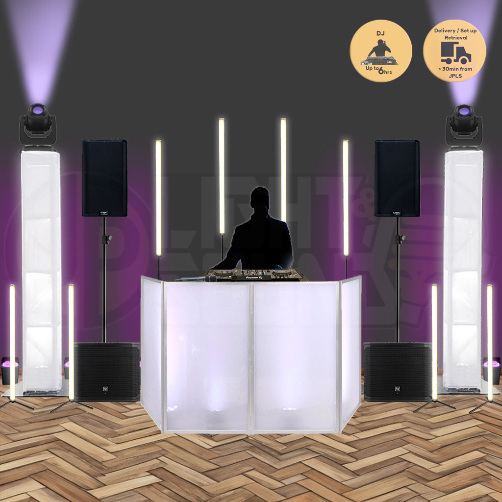 White wedding DJ facade with full lighting and sound system.