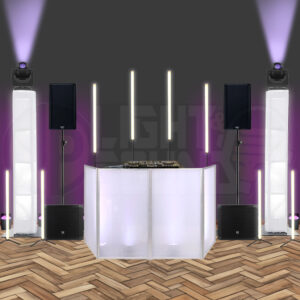 Equipment-only wedding DJ setup with white facade, moving heads, AX1 tubes, and QSC + EV speakers – for self-install.