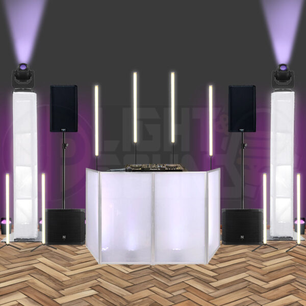Equipment-only wedding DJ setup with white facade, moving heads, AX1 tubes, and QSC + EV speakers – for self-install.