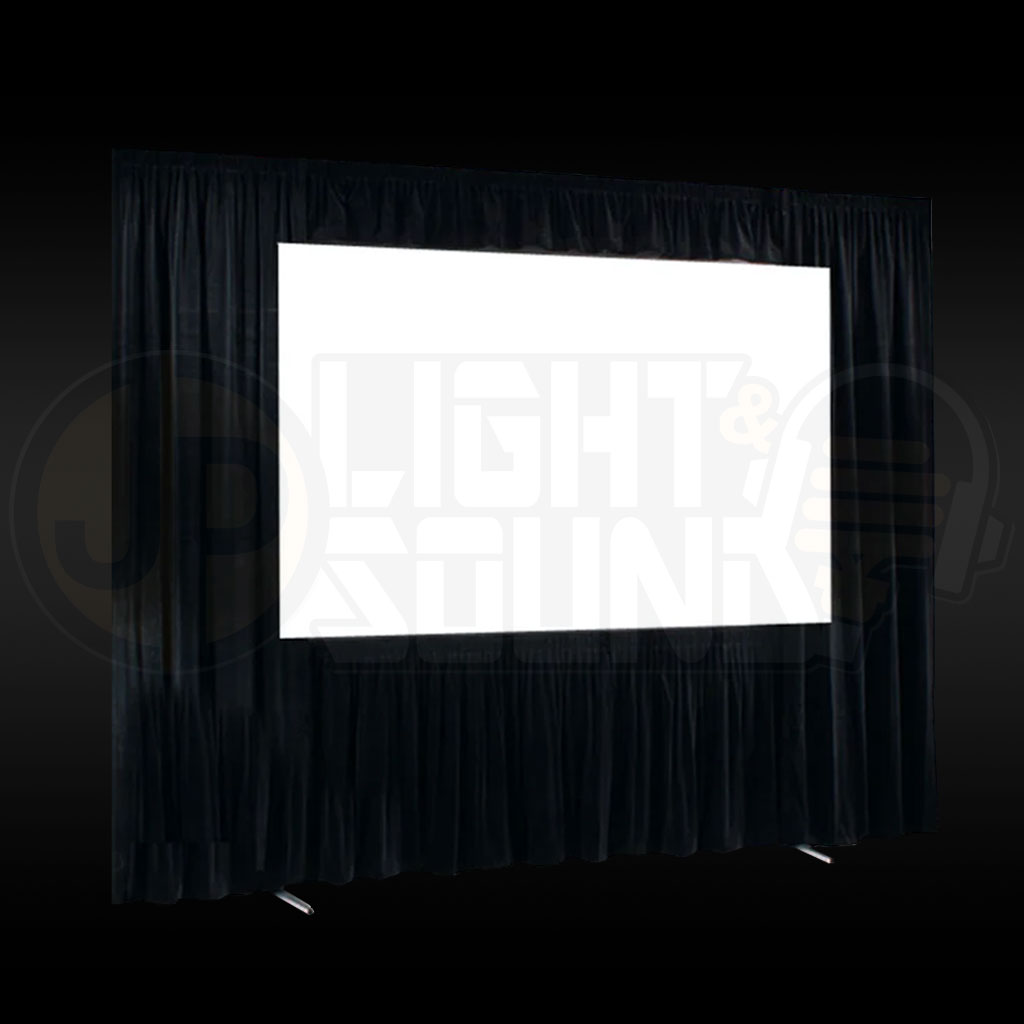 16:9 fast-fold projector screen with black drape kit, available for hire from JP Light & Sound in Adelaide