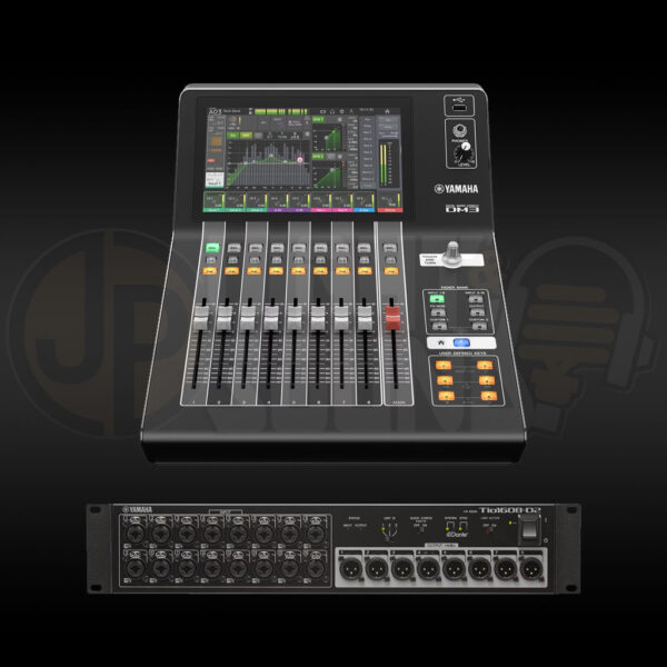 Yamaha DM3 digital mixer with Tio1608-D2 stage box and flight case – compact Dante-ready mixing system for hire