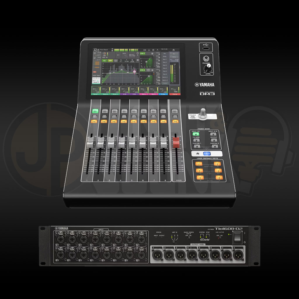 Yamaha DM3 digital mixer with Tio1608-D2 stage box and flight case – compact Dante-ready mixing system for hire