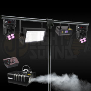 Mini party lighting package with 2x Beamz moving heads, LED strobe with DMX controller, RGB laser, smoke machine, and tripod stand – available for hire in Adelaide from JP Light & Sound.