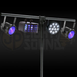 Premium UV and basic lighting package with 2x Chauvet UV wash lights, Confetti Sabre, LED par light, and tripod stand – available for hire in Adelaide from JP Light & Sound.