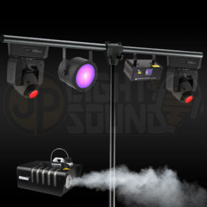 Mini party lighting package with 2x Chauvet moving heads, UV wash light, smoke machine, and tripod stand – available for hire in Adelaide from JP Light & Sound.