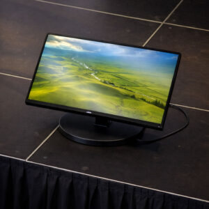 32 inch stage presentation monitor on a low-profile weighted stand used for speaker confidence monitoring