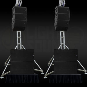 L-Acoustics ARCS flown speakers on 5m truss towers with Meyer 700-HP subwoofers at an outdoor festival