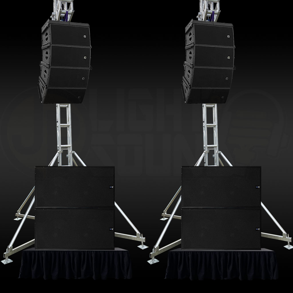 L-Acoustics ARCS flown speakers on 5m truss towers with Meyer 700-HP subwoofers at an outdoor festival