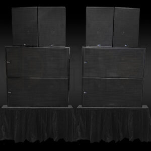 Meyer Sound CQ-2 loudspeakers with 700-HP dual 18 inch subwoofers on 600mm risers at a live event