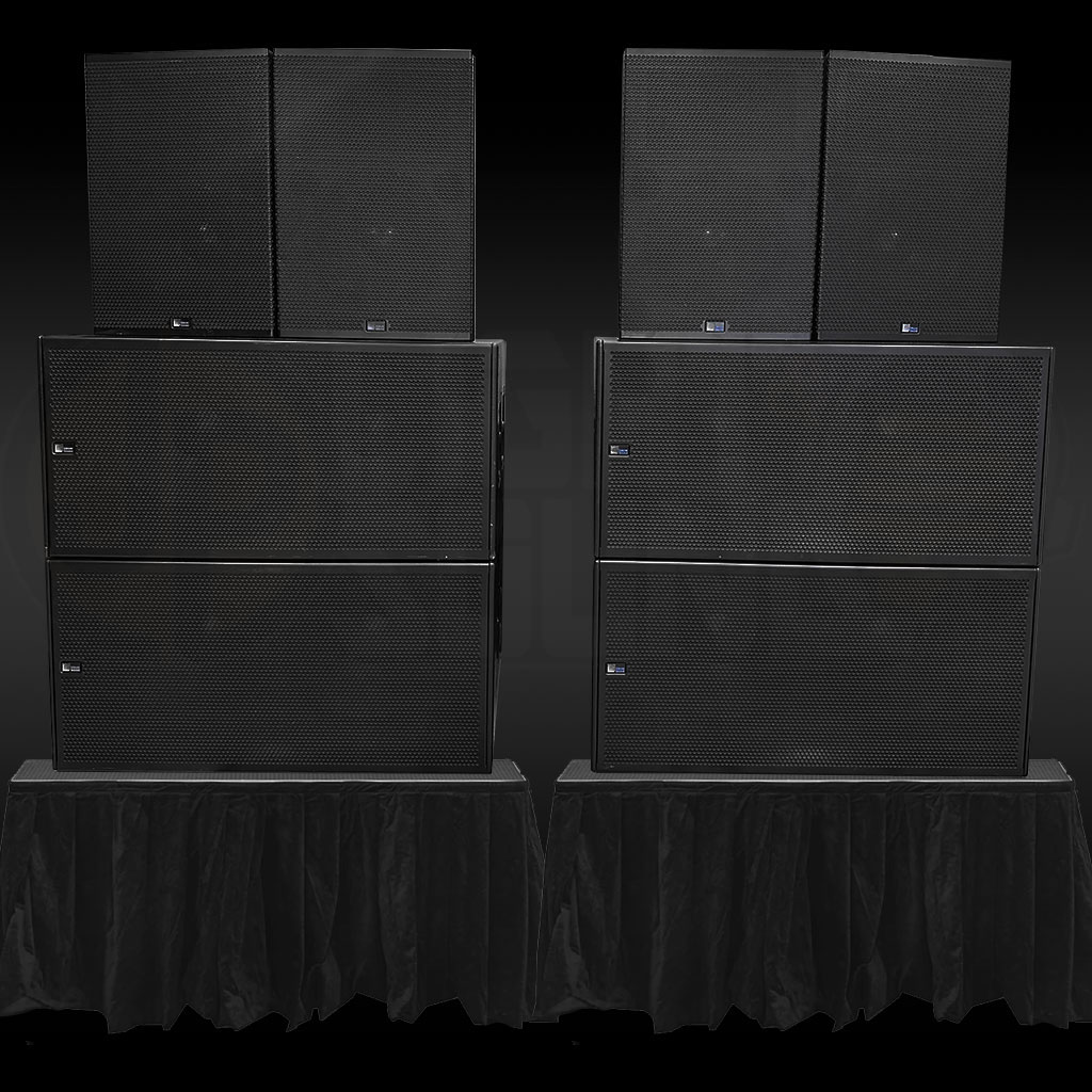 Meyer Sound CQ-2 loudspeakers with 700-HP dual 18 inch subwoofers on 600mm risers at a live event