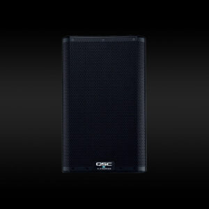 QSC K8.2 8 inch active speaker on stand – compact professional audio hire in Adelaide from JP Light & Sound